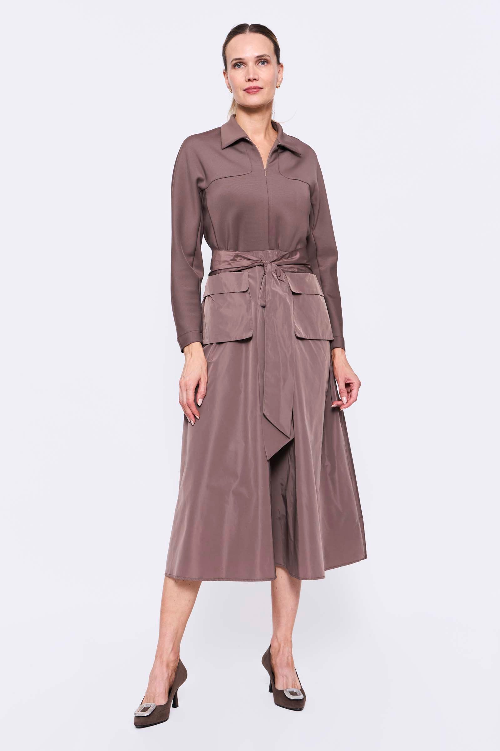 Vestido Largo Camisero Lazo Bolsillos_ Canela