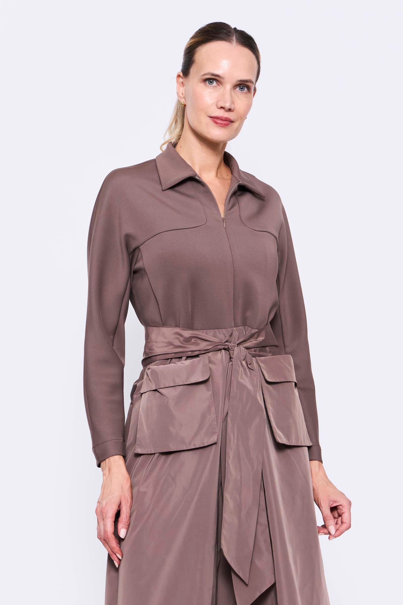 Vestido Largo Camisero Lazo Bolsillos_ Canela