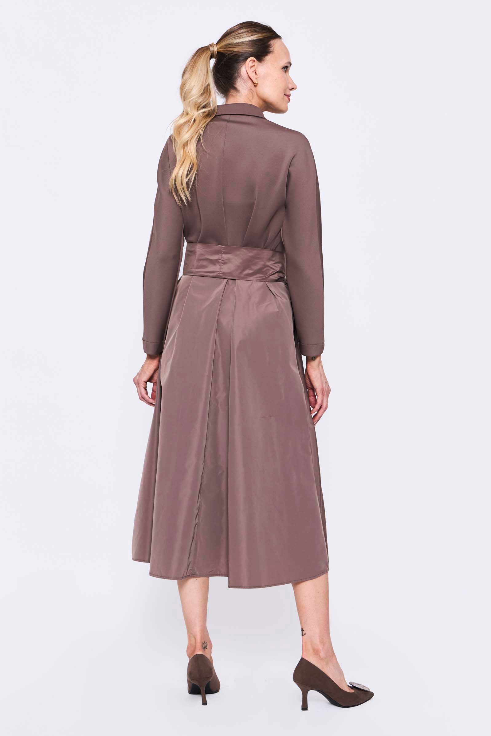 Vestido Largo Camisero Lazo Bolsillos_ Canela