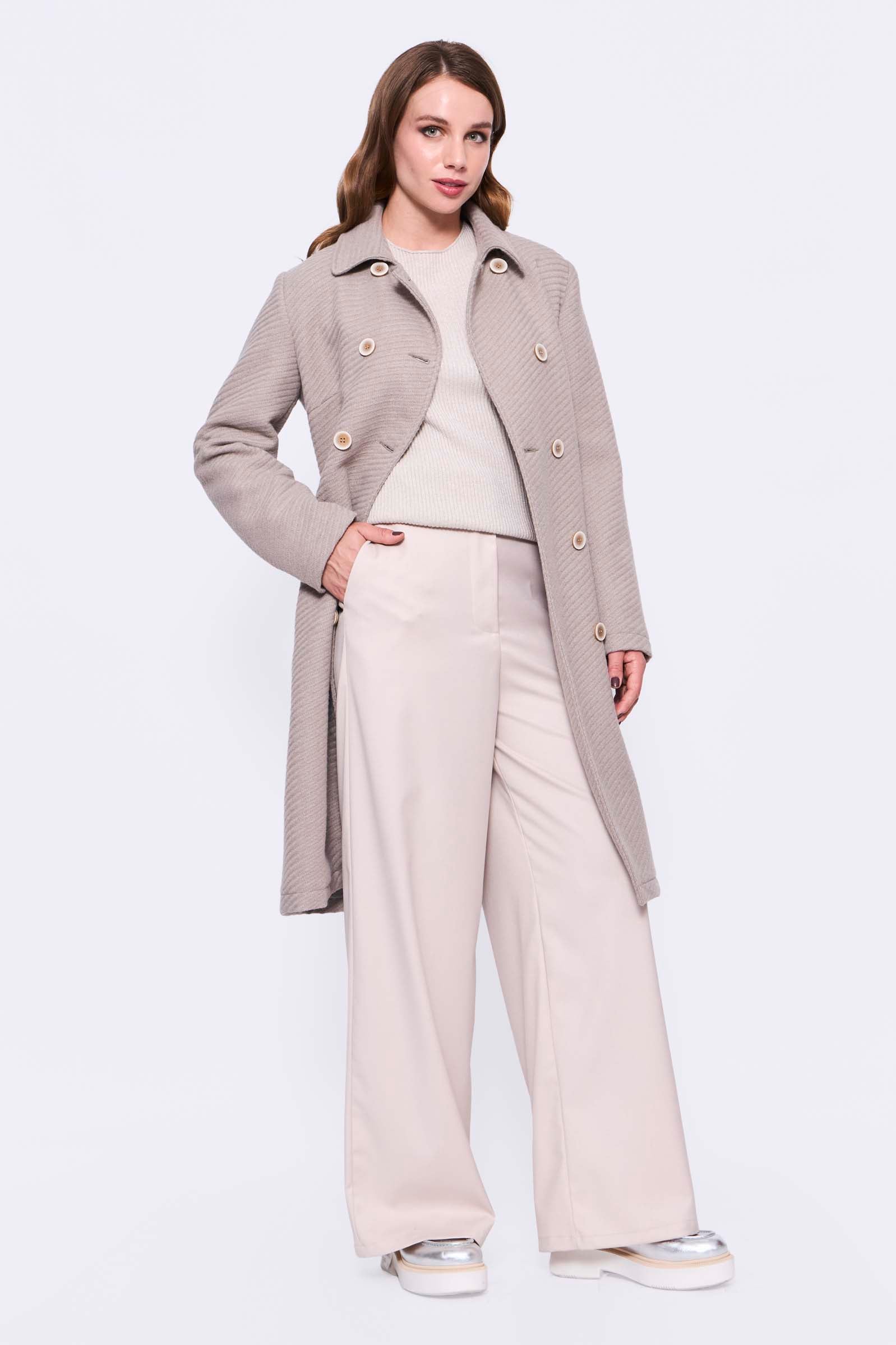 Abrigo Midi Textura Rayada Lazo_Beige