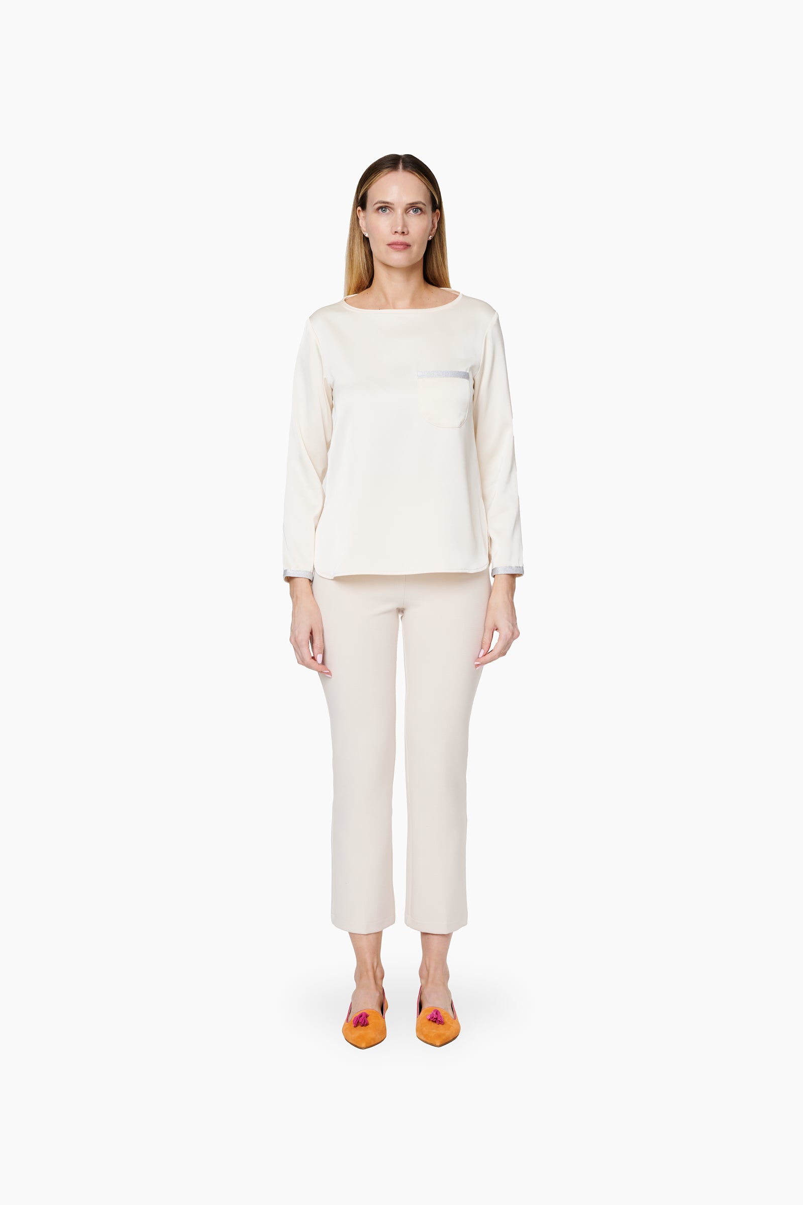 Pantalón Recto Elástico Cintura_ Crema