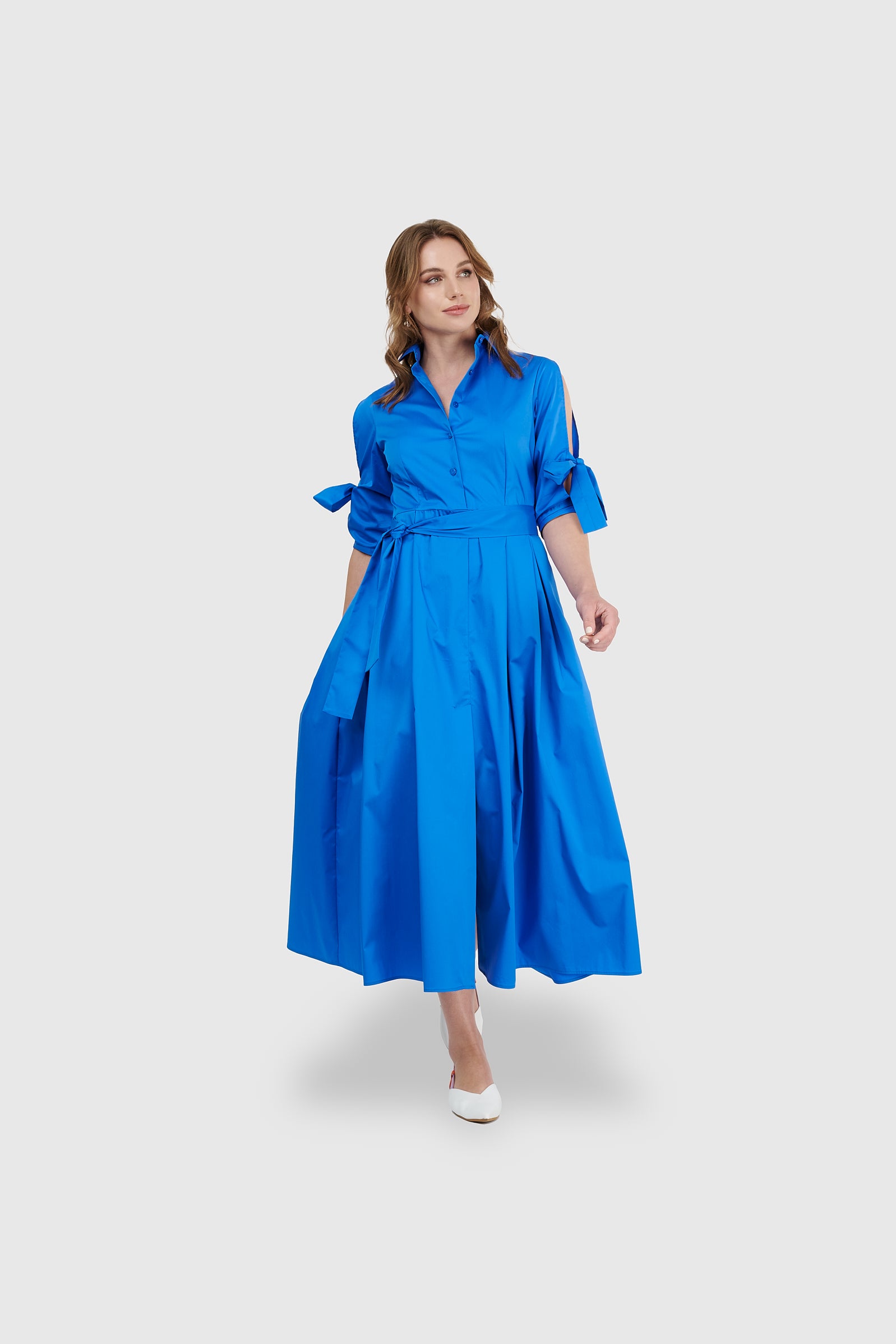 Vestido largo lazo abertura mangas azul rey