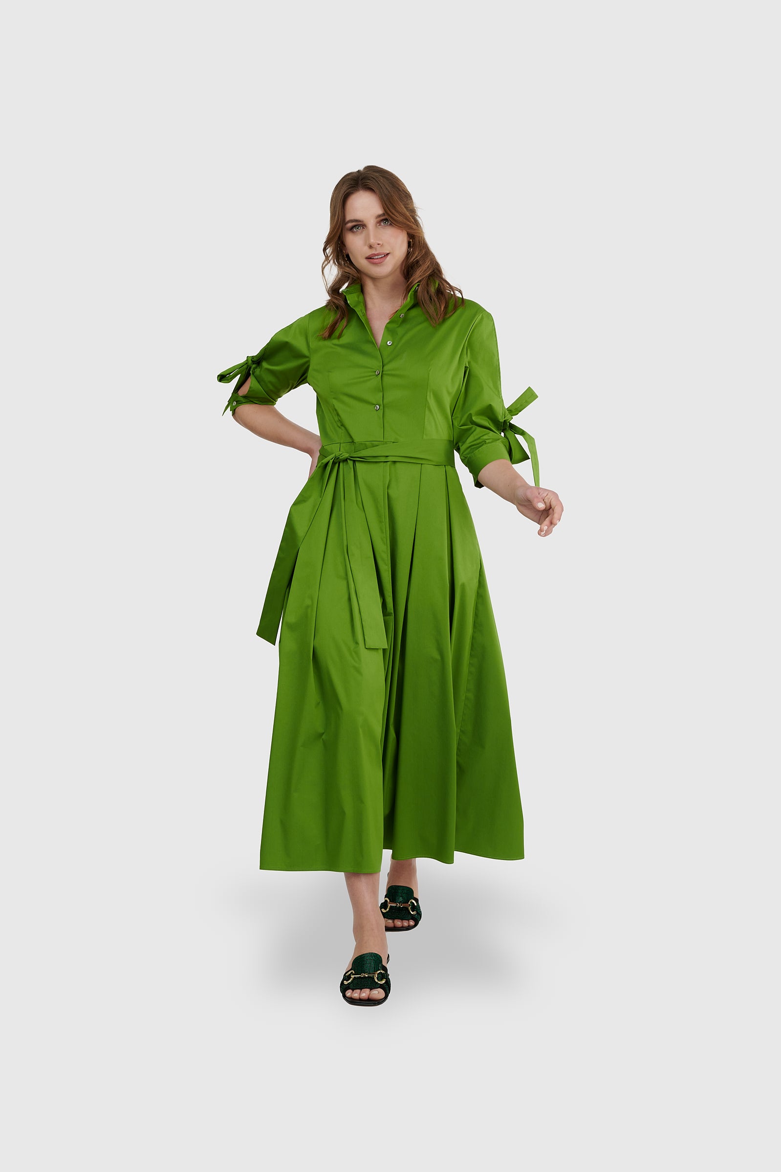 Vestido largo lazo abertura manga verde