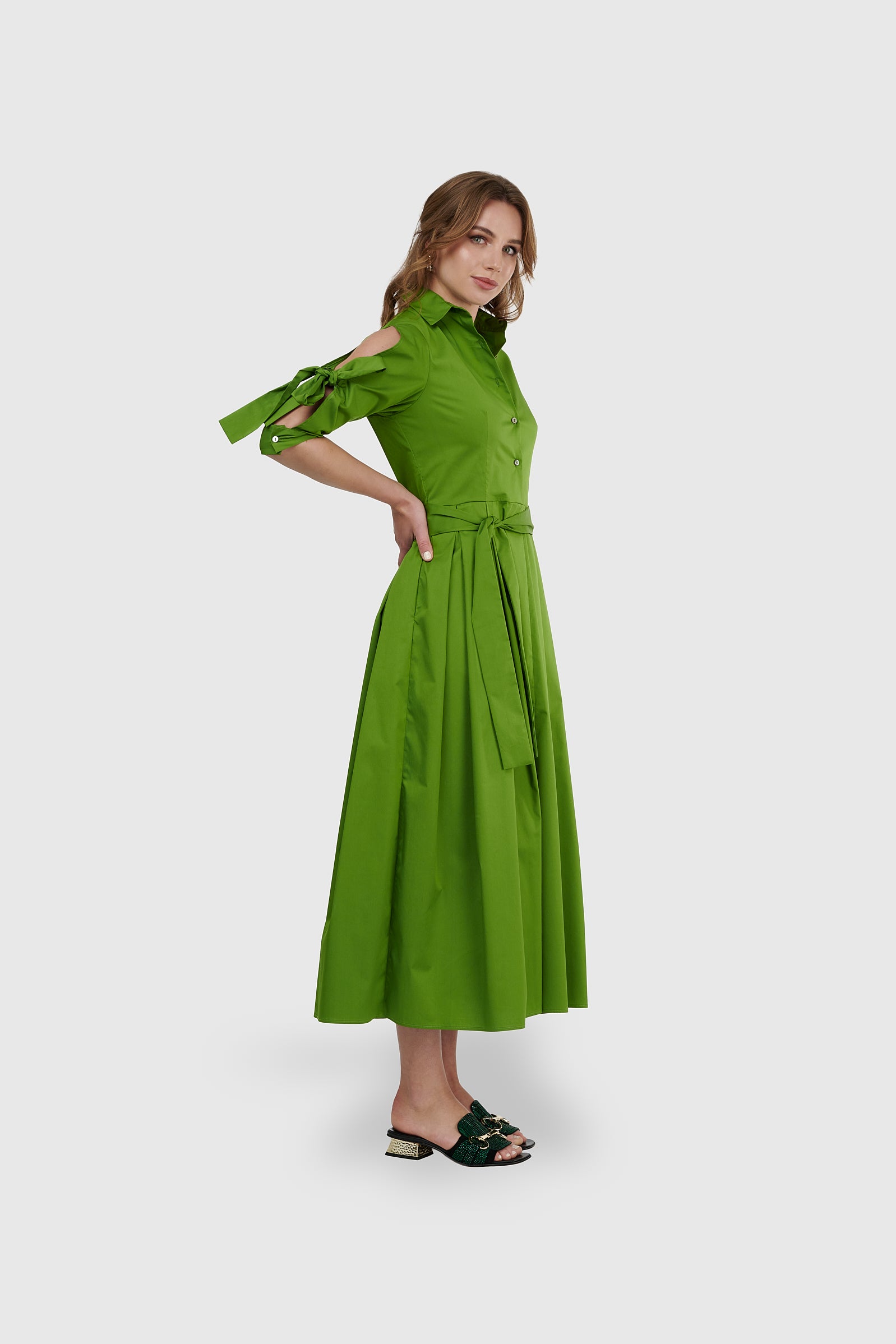 Vestido largo lazo abertura manga verde