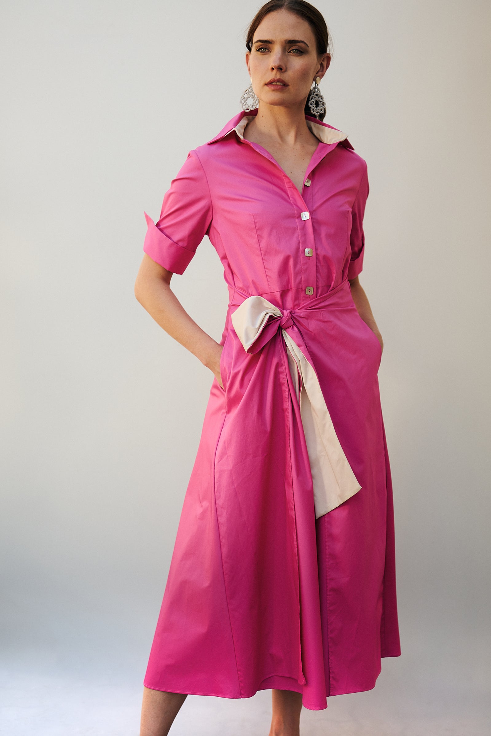 Vestido camisero lazo delantero rosa