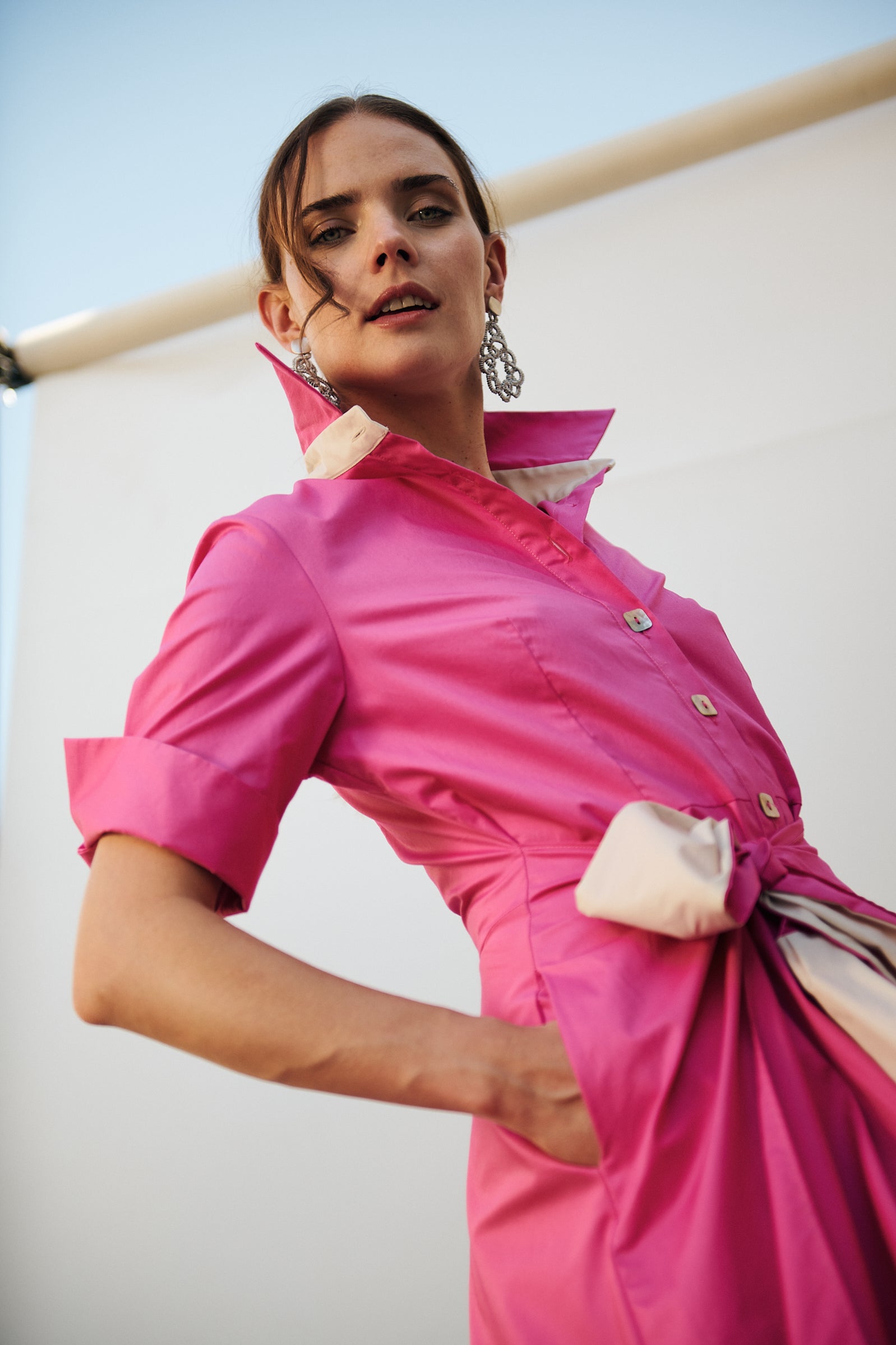 Vestido camisero lazo delantero rosa