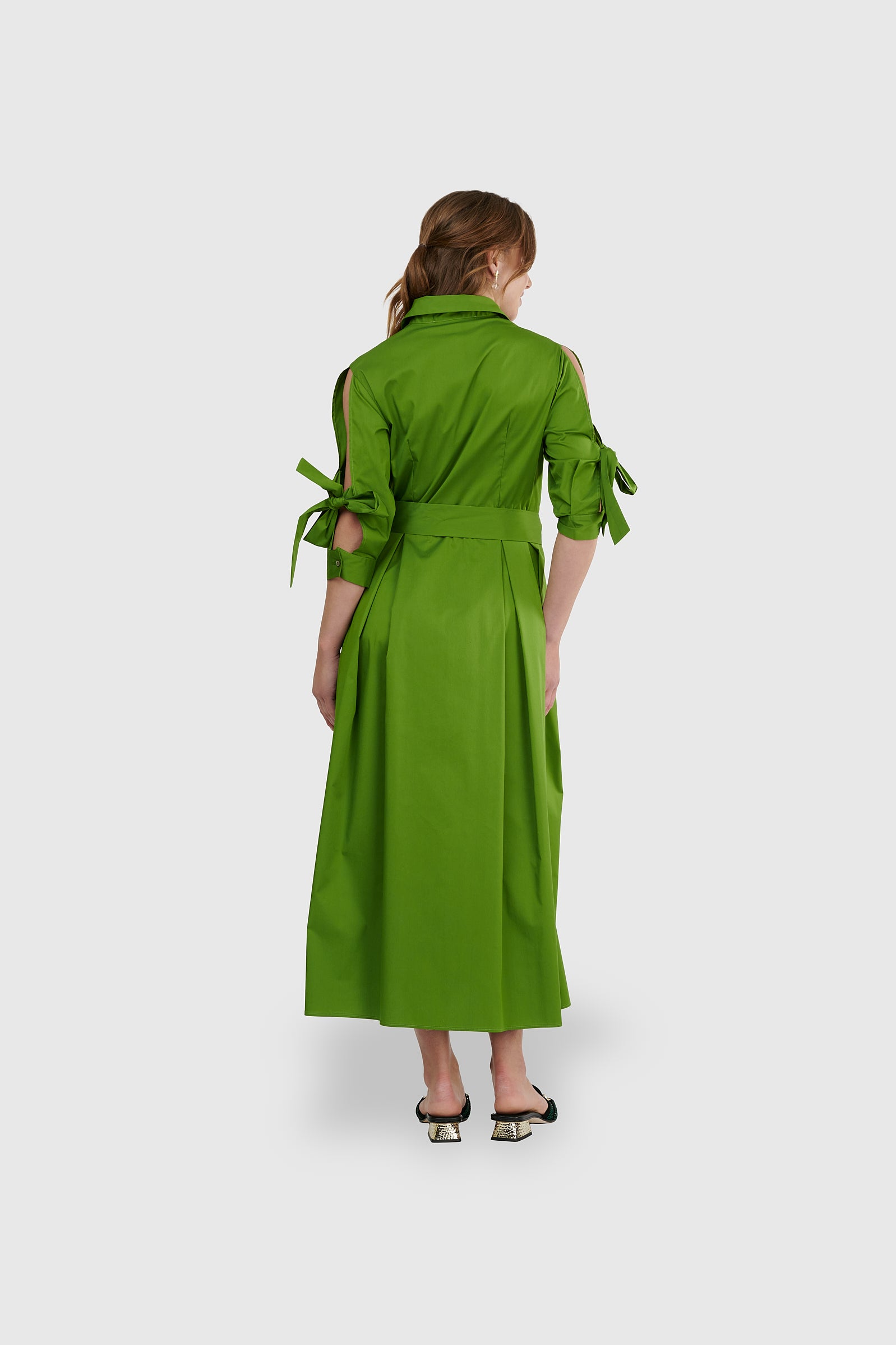 Vestido largo lazo abertura manga verde