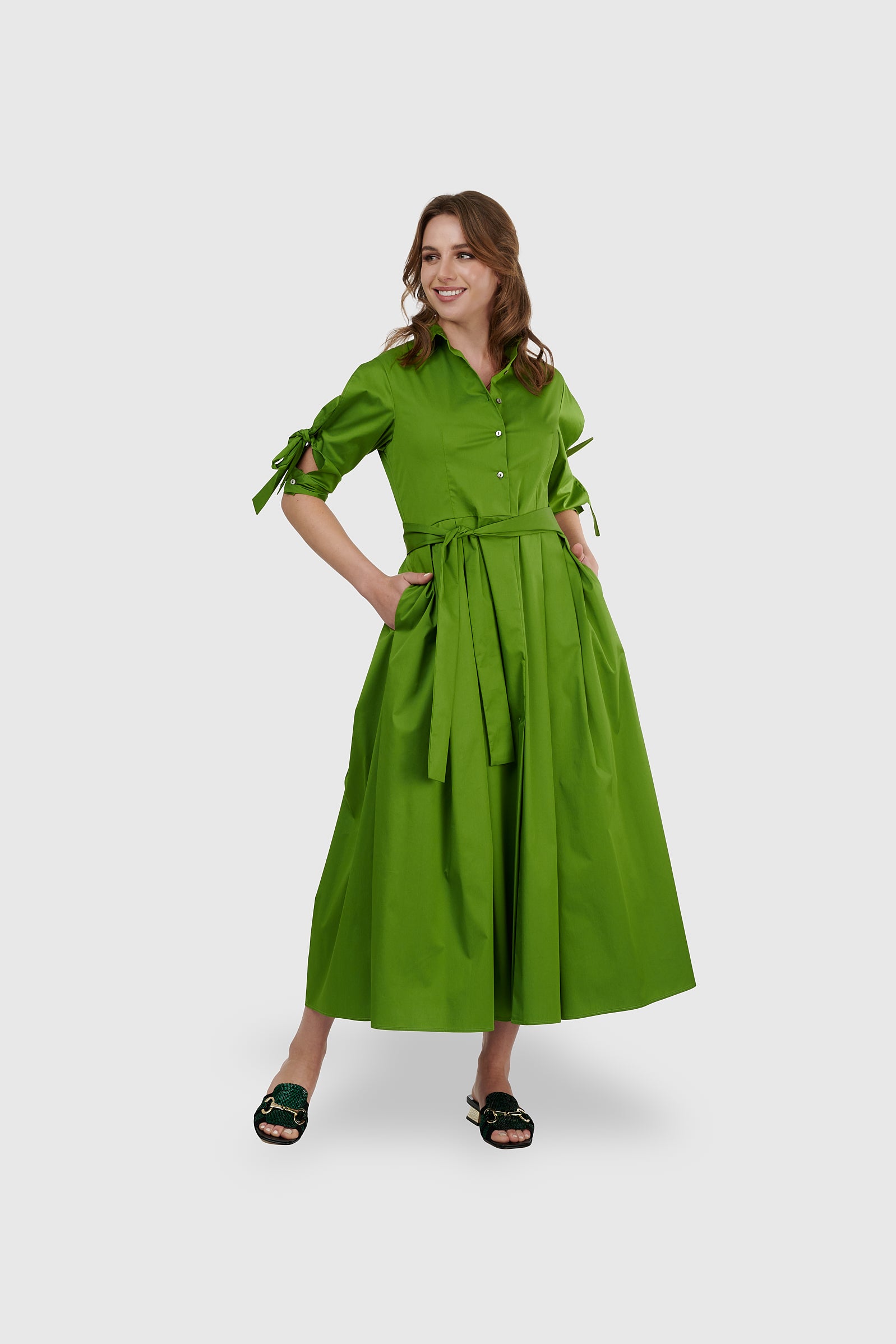 Vestido largo lazo abertura manga verde